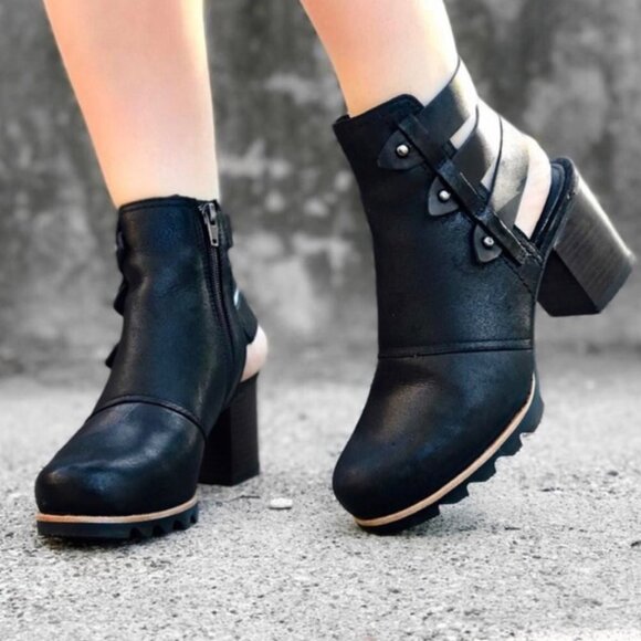** Sorel Addington Black Leather Heeled Ankle Boots Size 7 - Picture 2 of 12